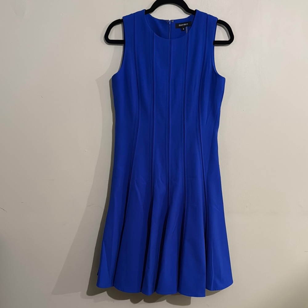 Ellen Tracy Dress Women's Royal Blue Slimming Flare Pleats Sleeveless Lined Sz 8 - Picture 3 of 11